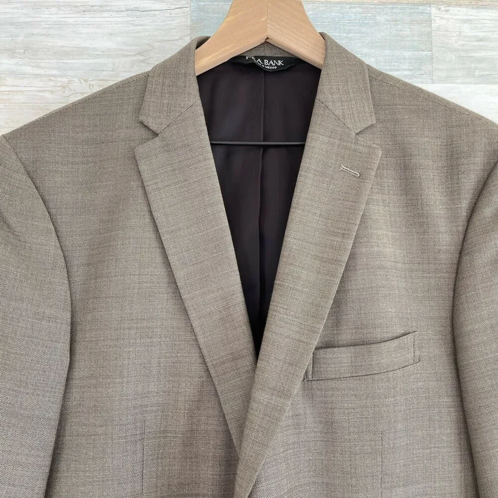 Jos A Bank Travelers Wool Metropolitan Suit Taupe Brown Slim Fit Mens 41R 36x30